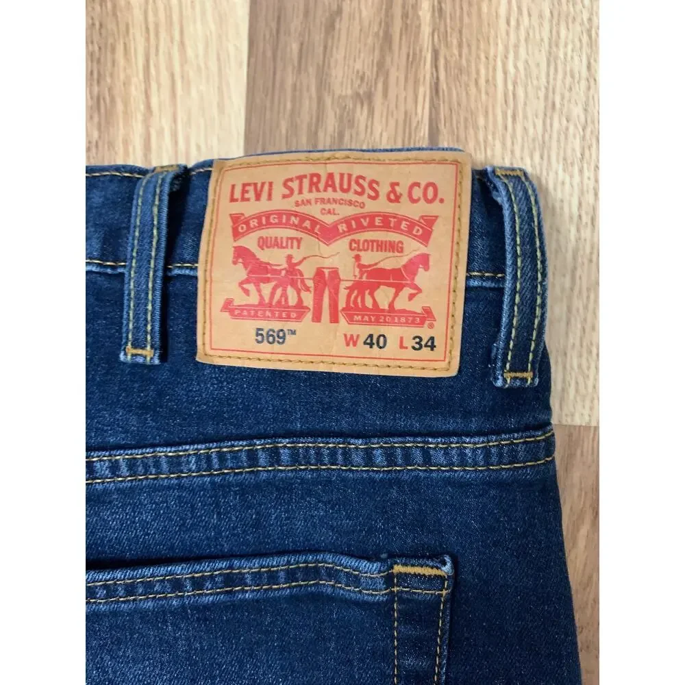 Levi's 569 Loose Straight Fit Mens 40x30 (tagged 40x34) Dark Wash Denim Whiskers